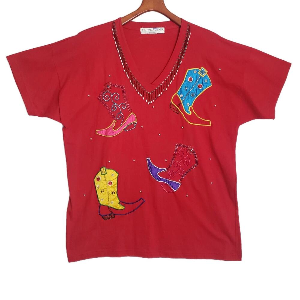 Victoria Jones Woman 1X (ESTIMATED) Cowboy Western‎ Applique Rodeo Red Shirt